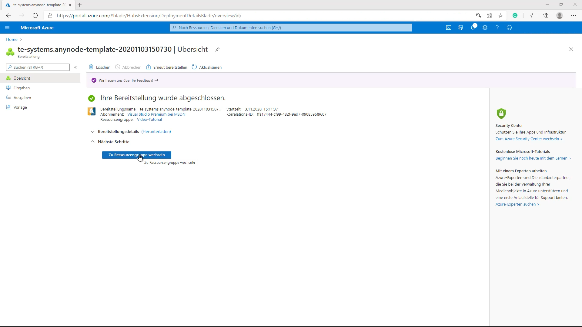 Azure Bereitstellung_09_Zur Ressourcengruppe wechseln